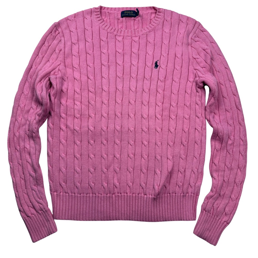 Polo Ralph Lauren Pink Cable Knit Cotton Crewneck Sweater Large Preppy Logo